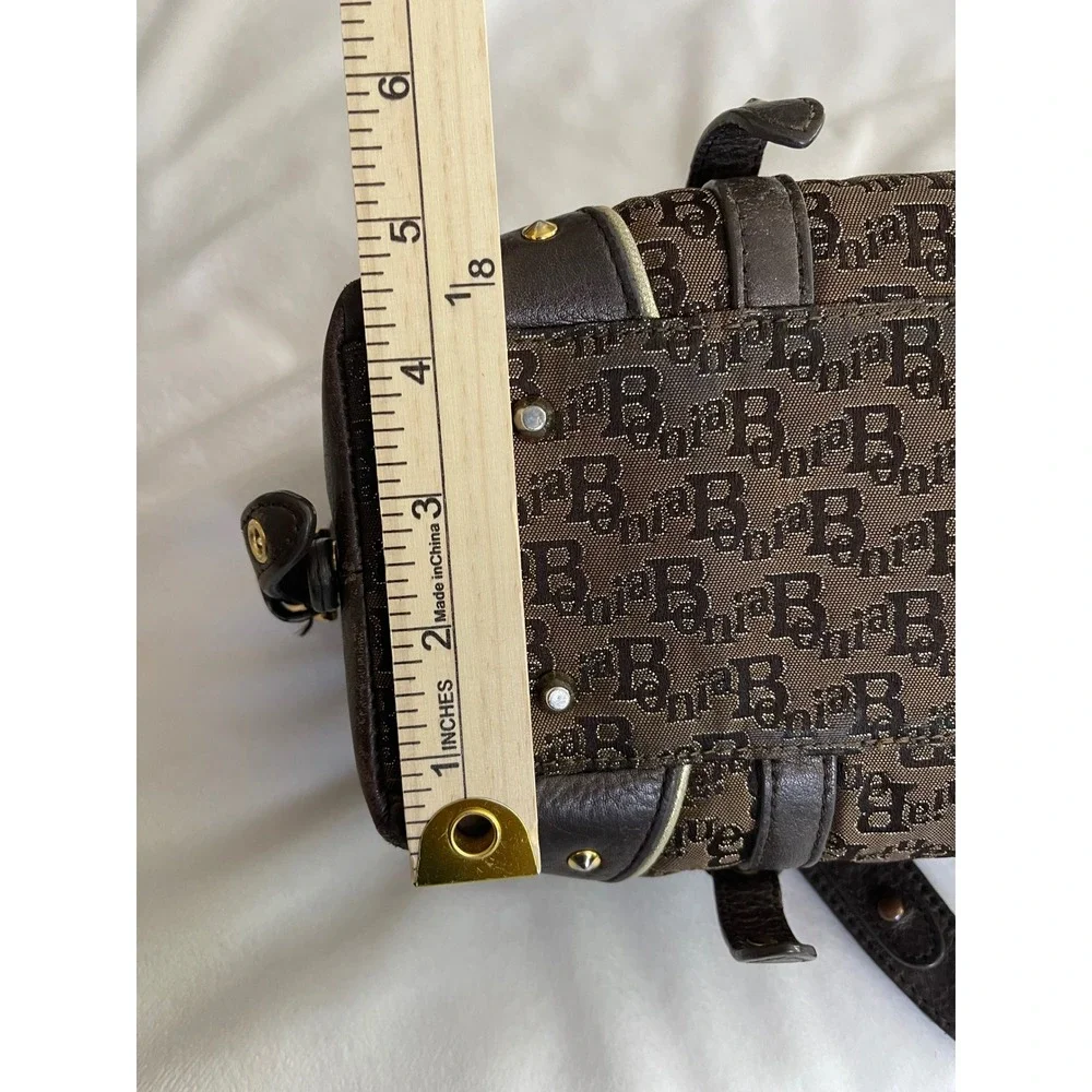 Bonia Monogram Canvas Satchel Bag Brown Leather Trim Gold Hardware Studded